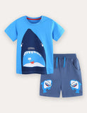Cartoon Shark Print Short Sleeve T-Shirt and Shorts Set