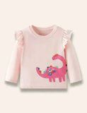 Dinosaur Appliqué Long Sleeve Ruffled T-Shirt