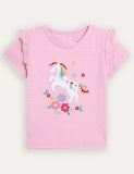 Fuchsia Pink Unicorn Appliqué Frill Shoulder T-Shirt