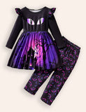 Halloween Black Cat Haunted House Print Dress + Leggings Set