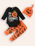 Halloween Letter Long-sleeved Romper + Pants + Hat
