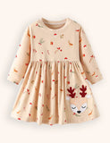 Christmas Little Deer Applique Long Sleeve Dress