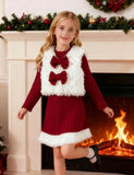 Christmas Knitted Dress With Plush Vest Set