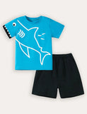 Cartoon Shark Print Short Sleeve T-Shirt and Shorts Set