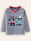 Construction Car Applique Striped Long Sleeve T-Shirt