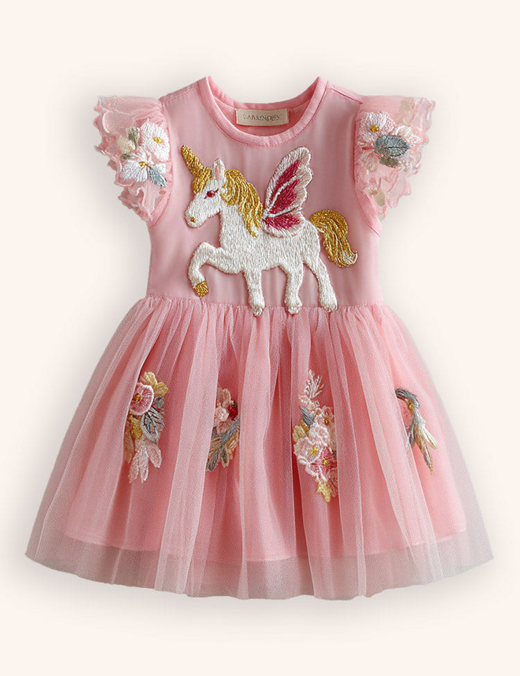 Floral Unicorn Appliqué Tulle Party Dress