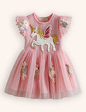 Floral Unicorn Appliqué Tulle Party Dress