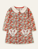 Floral Printed Rabbit Appliqué Long Sleeve Dress