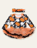 Halloween Ghost Printed Pumpkin Embroidered Mesh Romper