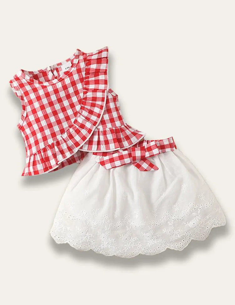Multicolor Ruffled Plaid Top + Skirt Set - Mini Taylor
