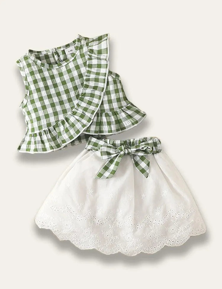 Multicolor Ruffled Plaid Top + Skirt Set - Mini Taylor